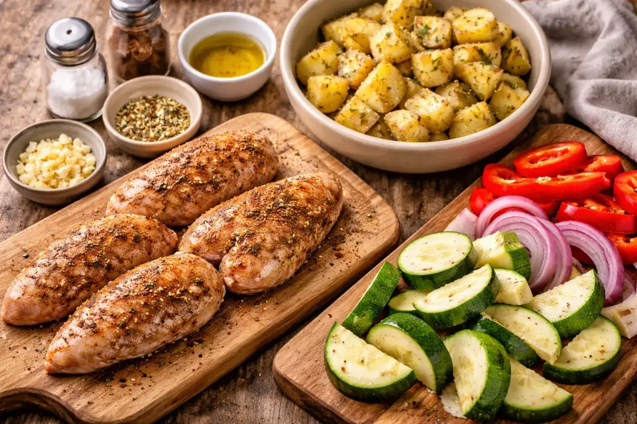 Pyszne **air fryer przepisy obiad**: pieczone piersi kurczaka, ziemniaki, cukinia, papryka i cebula.