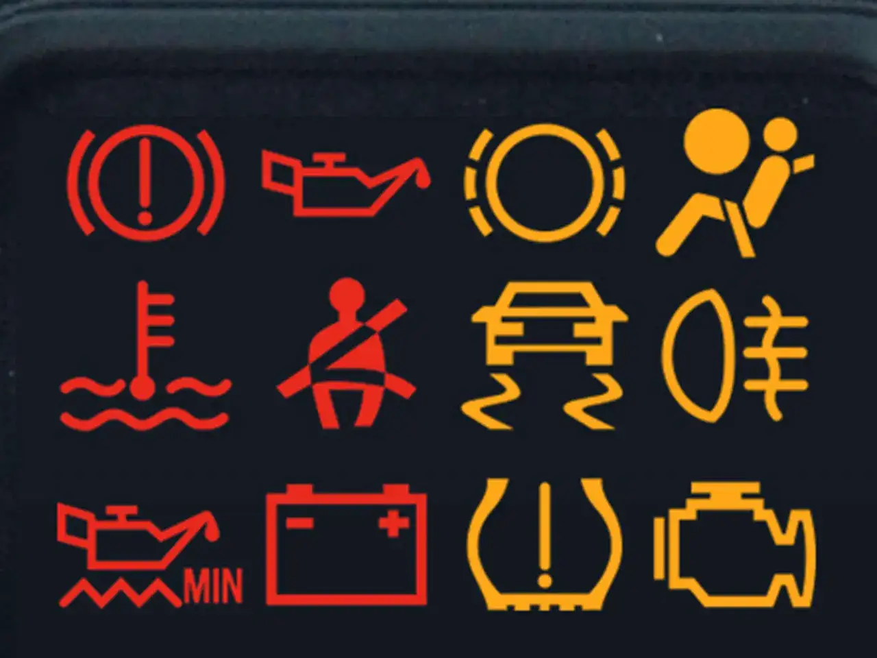 Armaturenbrett-Symbole: Bremsen, &Ouml;l, Airbag, Gurt, Motor, Reifen, etc. Die auto symbole bedeutung ist wichtig f&uuml;r die Sicherheit.