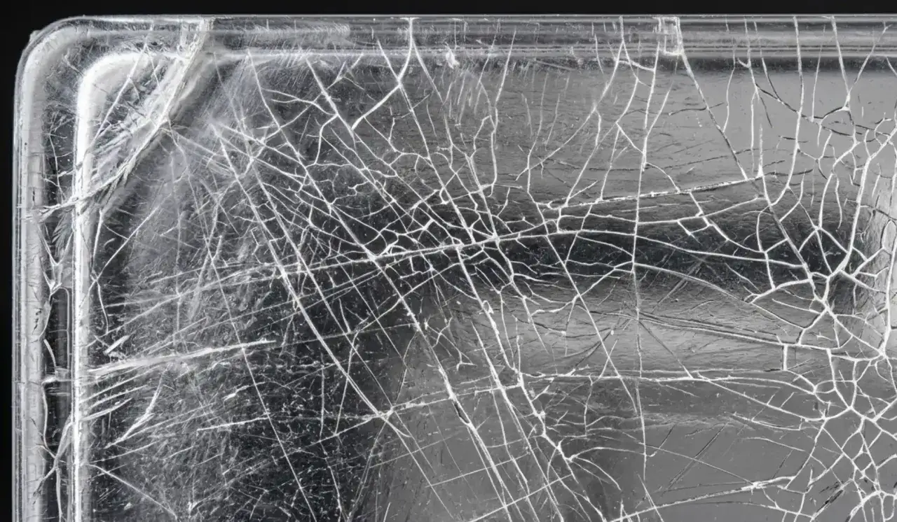Close-up of a cracked, transparent surface, showcasing the fragility and disadvantages of acrylic materials.