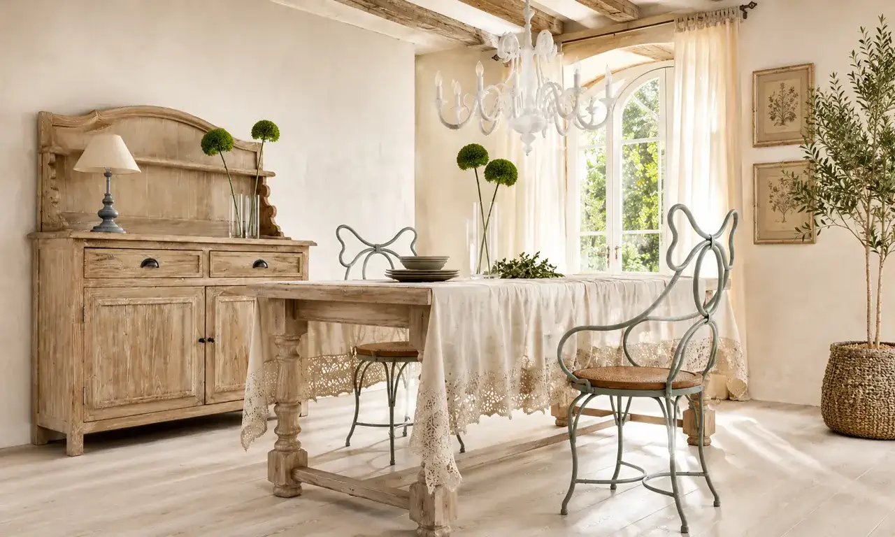 Un tavolo rustico con tovaglie in pizzo, sedie in ferro battuto e un mobile in legno chiaro definiscono questo accogliente stile country chic casa.