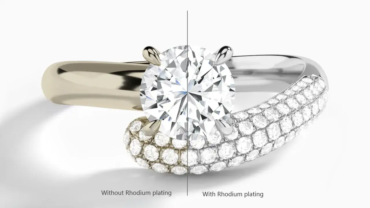 Anillo de diamantes con y sin rodio. El rodio realza el brillo y la durabilidad.