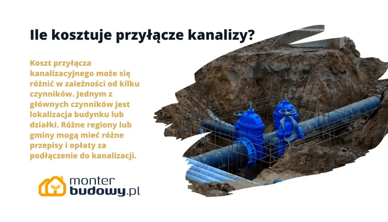 Budowa kanalizacji: duże niebieskie zawory i rury w wykopie ziemnym. Koszt przyłącza zależy od lokalizacji i przepisów.