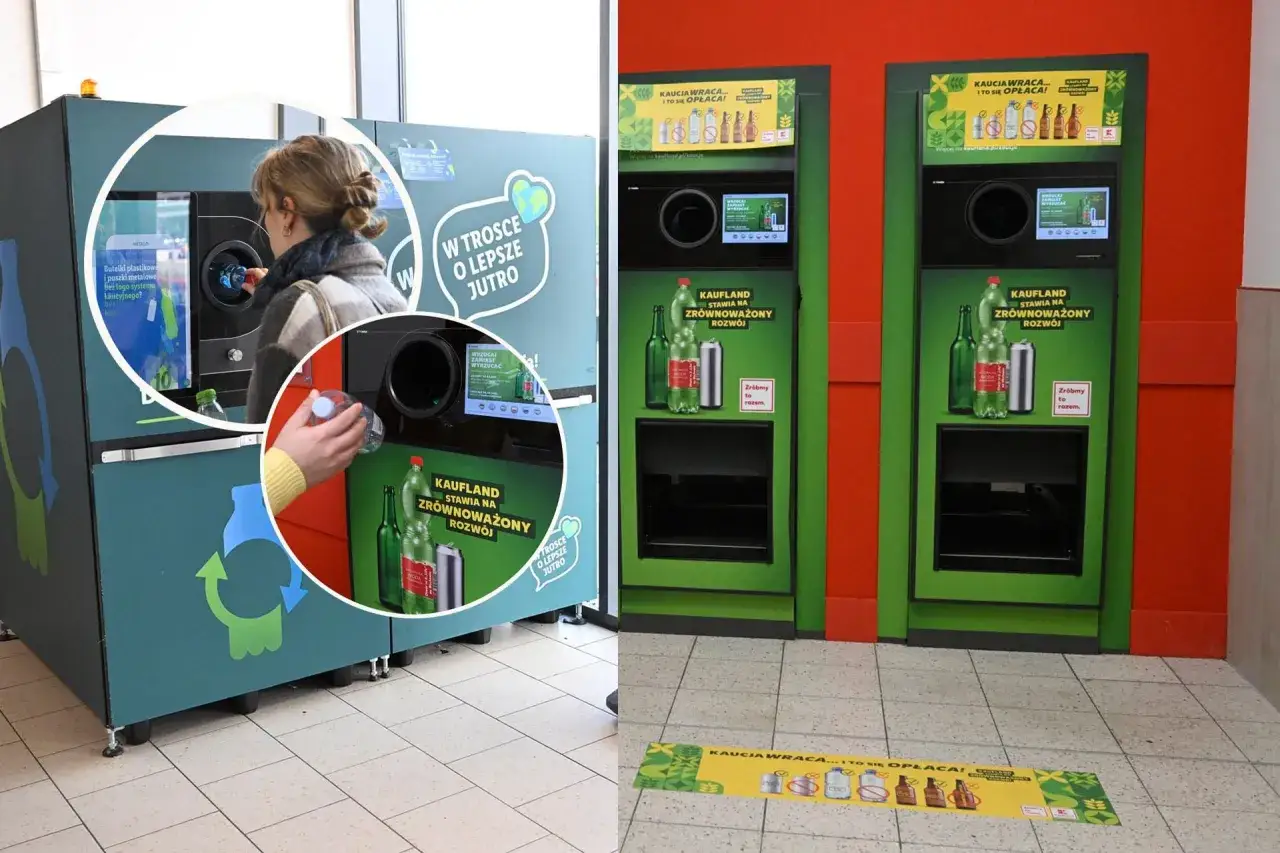 Kobieta wrzuca butelkę do automatu, pokazując skutki wprowadzenia nowych przepisów o opakowaniach zwrotnych w handlu. Kaucyjny system działa.