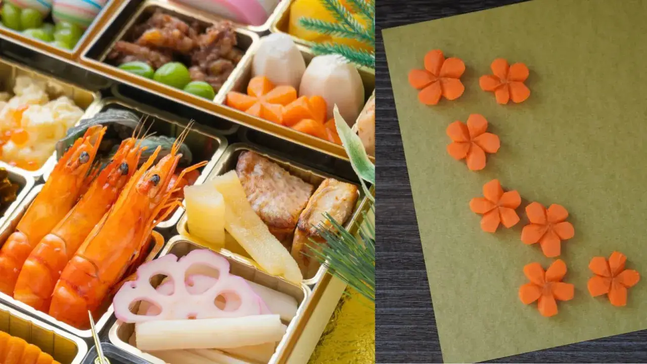 A bento box filled with Japanese delicacies, including shrimp and lotus root, sits beside a collection of delicate, flower-shaped **japanese carrot** garnishes.