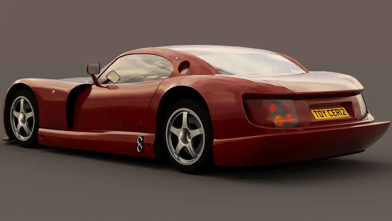 Czerwony TVR Cerbera Speed 12 z tablicą rejestracyjną