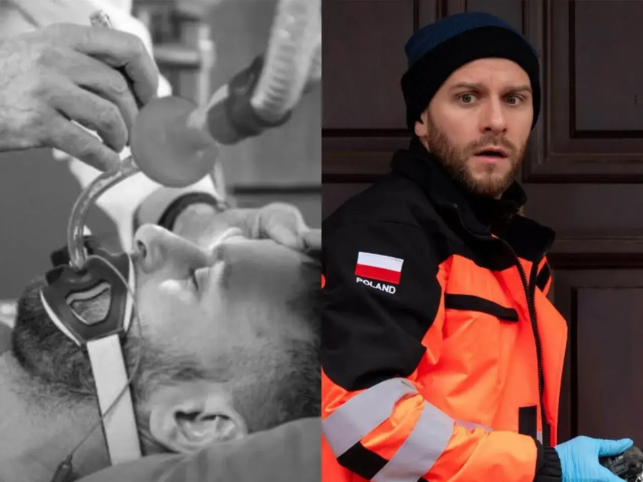 Kuba na sygnale, ratujący życie pacjenta z maską tlenową. Obok on sam, w kamizelce ratownika medycznego, gotowy do akcji.