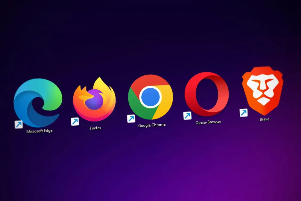 Ikony przeglądarek: Microsoft Edge, Firefox, Google Chrome, Opera, Brave. Wybierz swojego safari windows.