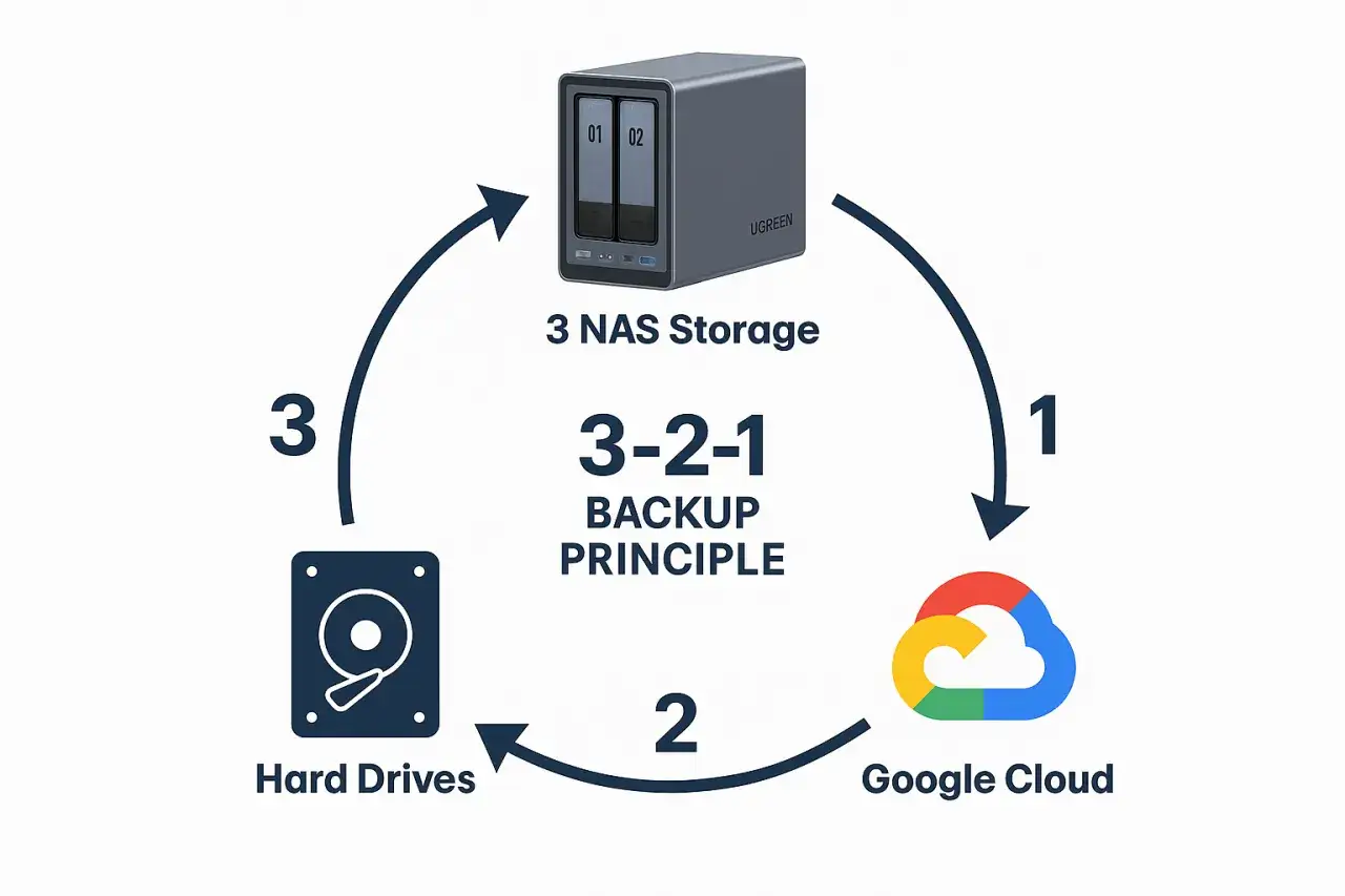 Das 3-2-1 Backup-Prinzip: 3 Kopien, 2 Medien (NAS, Festplatten) und 1 Cloud-Speicher für automatische Backups.