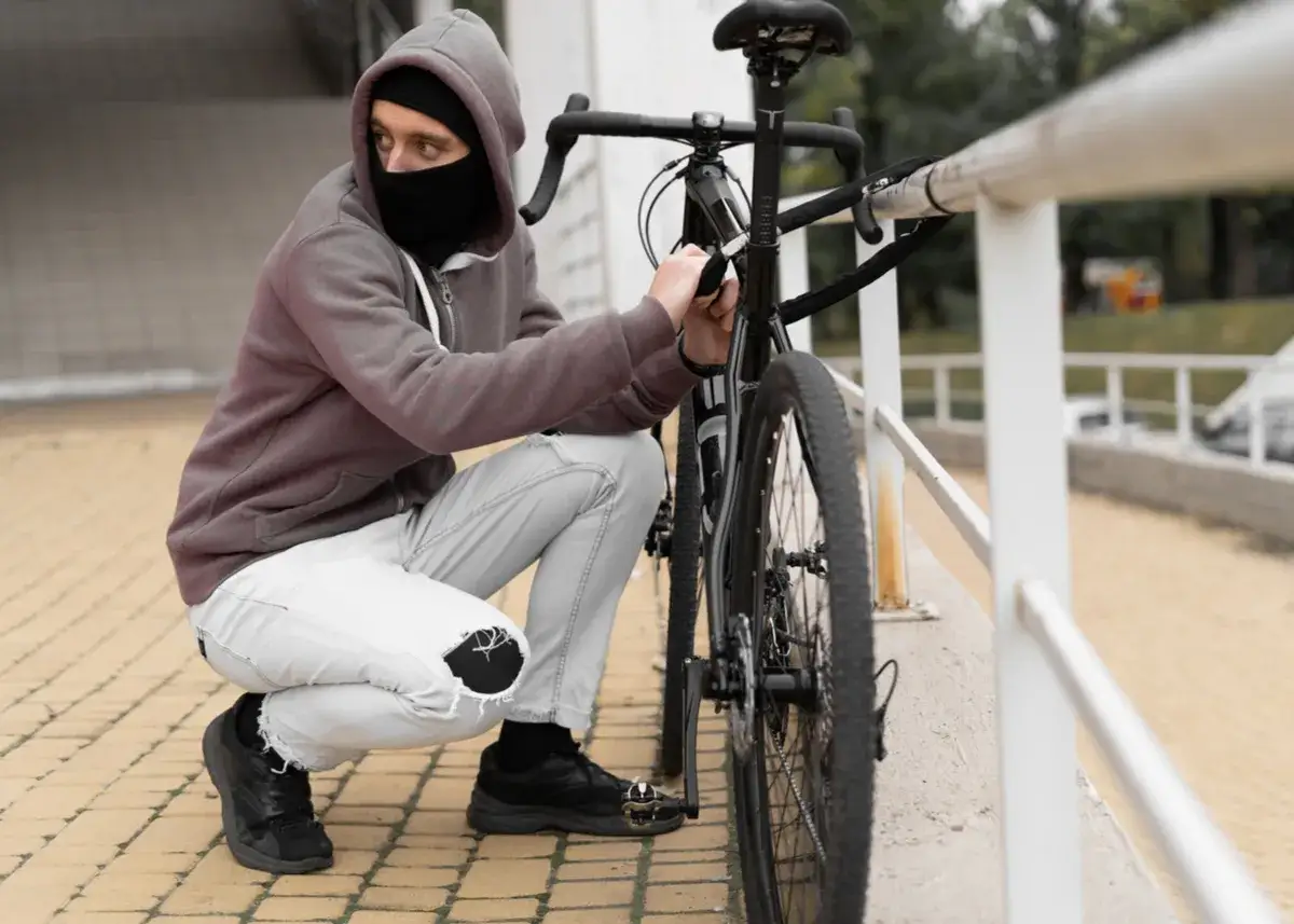 Mężczyzna w masce i kapturze próbuje dokonać kradzieży roweru, odpinając go od poręczy.