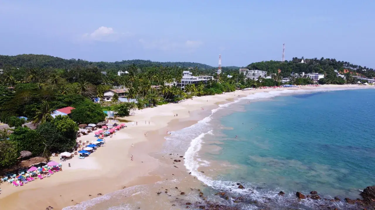 Piękna plaża w Mirissa, Sri Lanka, z turkusową wodą, palmami i hotelami w tle.
