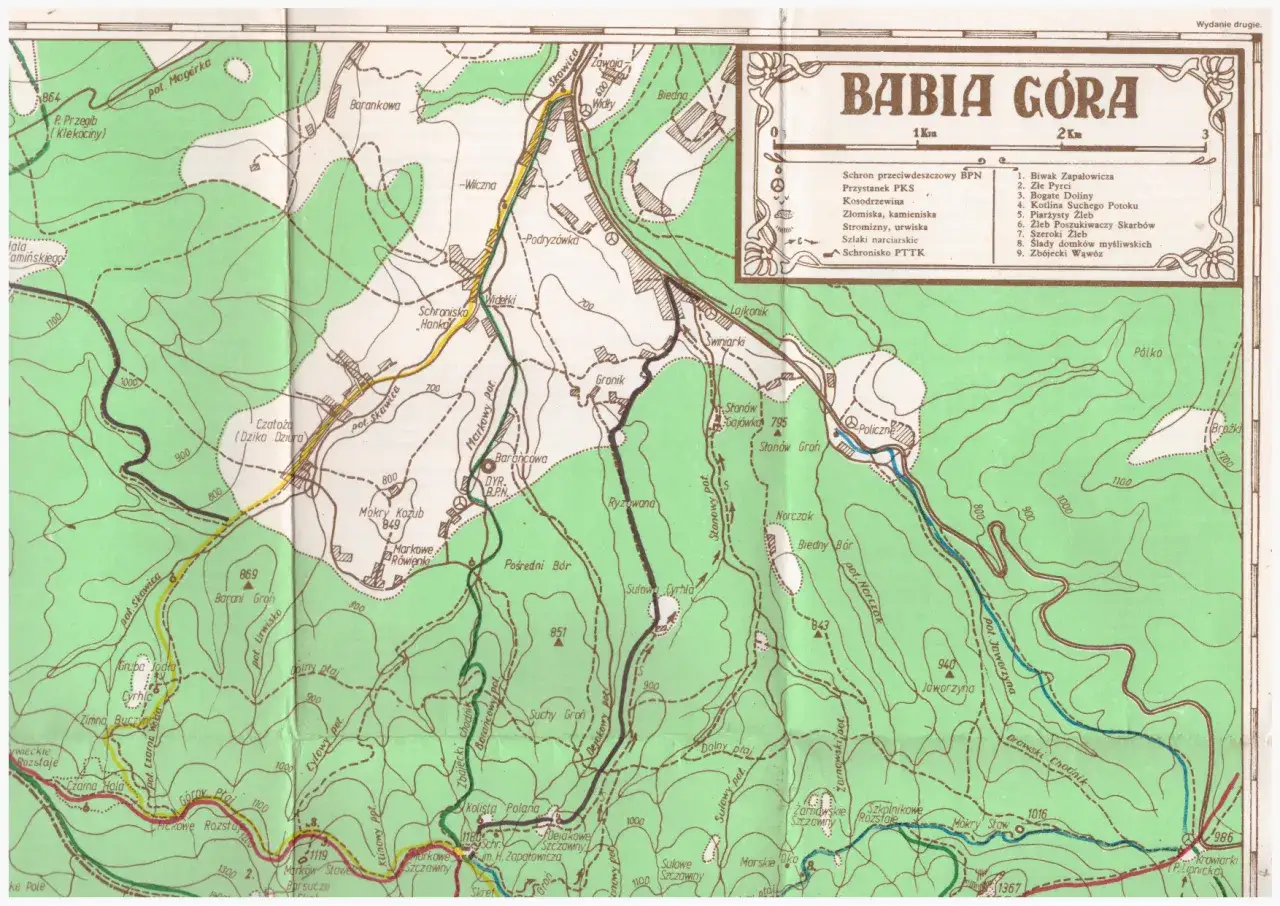 Mapa szlak&oacute;w na Babią G&oacute;rę