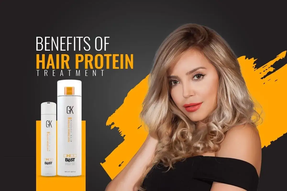 Kobieta z lśniącymi włosami obok produktów GK Hair. Odżywka proteinowa na jakie włosy? Dla zniszczonych i puszących się włosów.