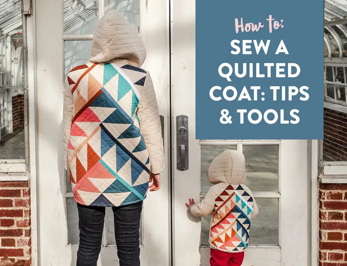 Learn how to make a quilt jacket with this guide. Two people, one adult and one child, wear matching quilted jackets with colorful geometric patterns.