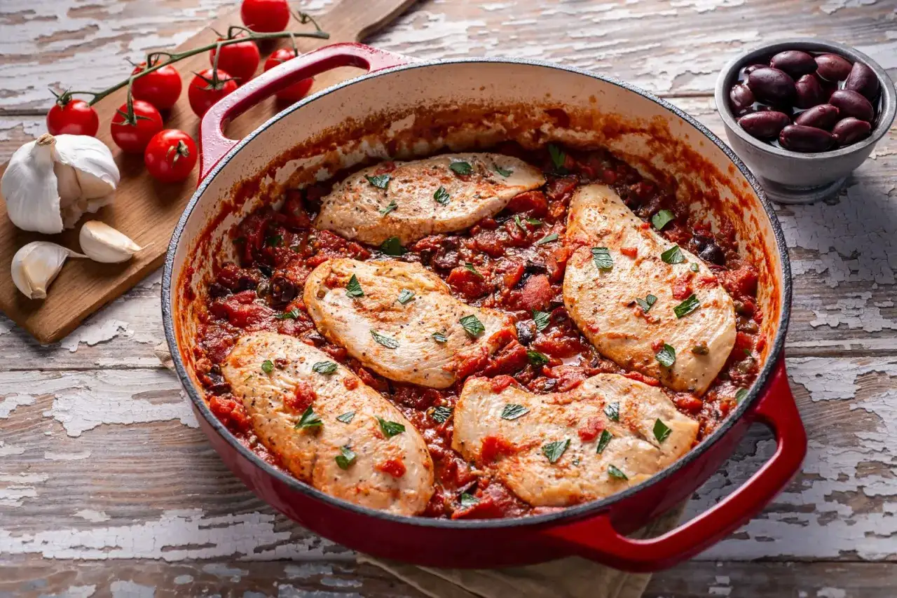 Pollo alla pizzaiola in una padella rossa, con pomodorini, aglio e olive nere a lato.