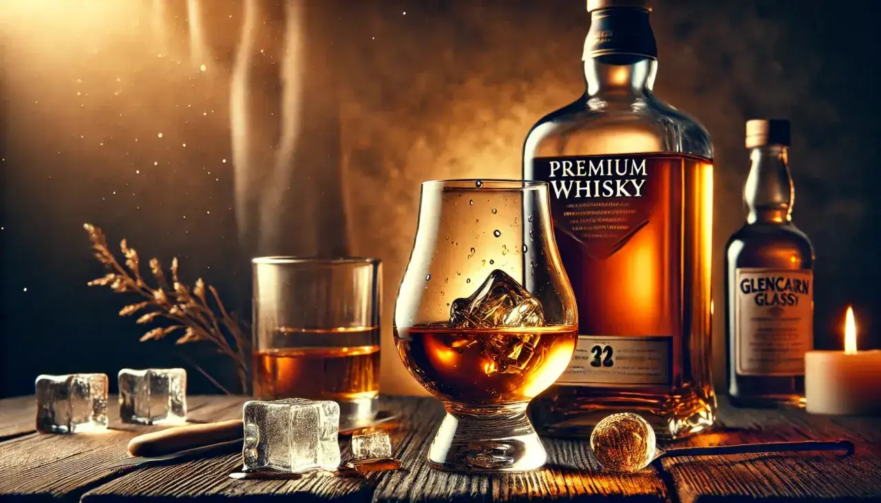 Ein Glas mit Eiswürfeln und bernsteinfarbenem Uisge Beatha, daneben eine Flasche Premium Whisky.