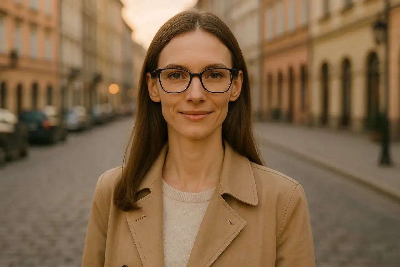 Kobieta w okularach dla szczupłej twarzy, w beżowym płaszczu, na tle ulicy z kamienicami.