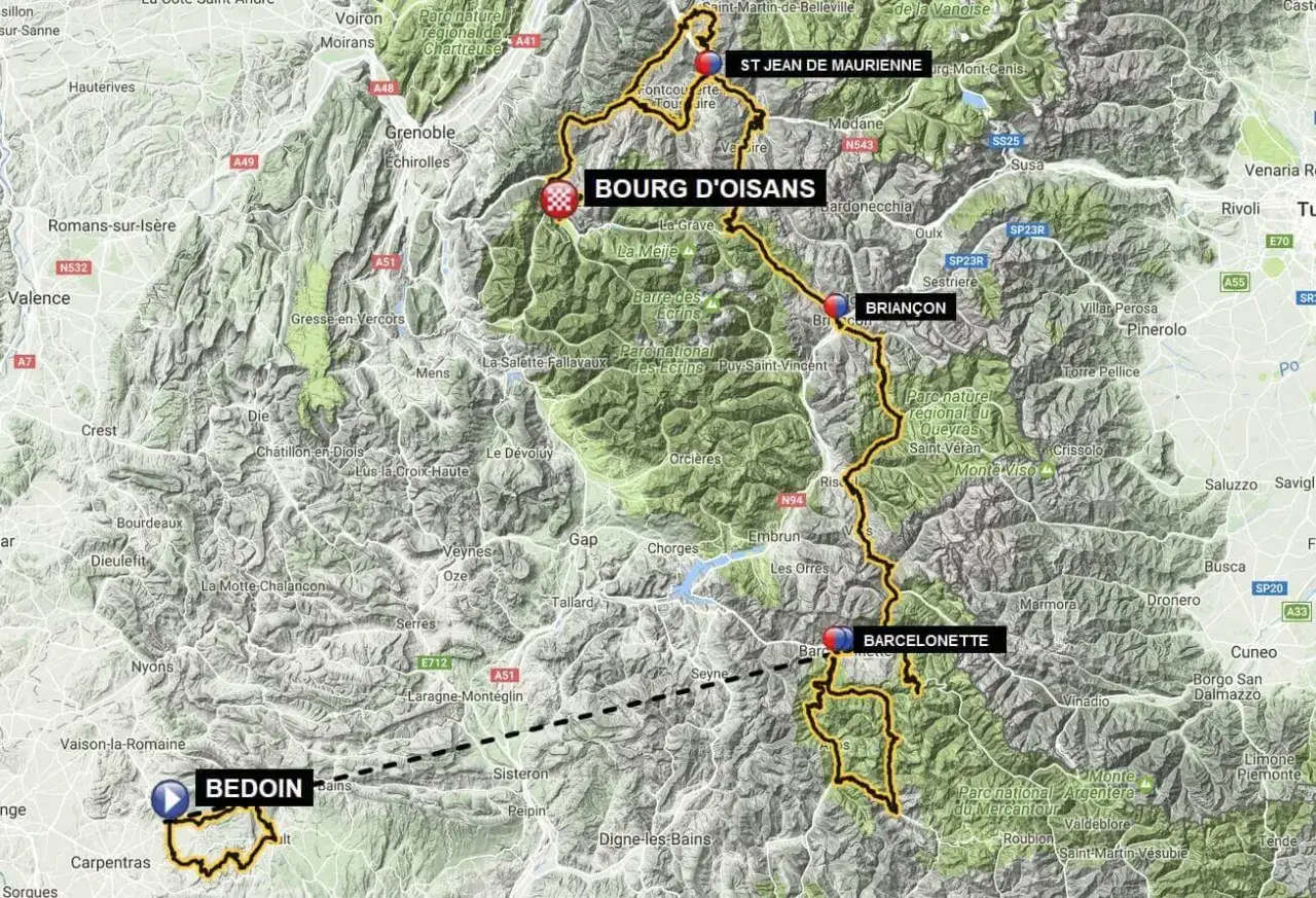 Die **route Tour de France** führt durch die Alpen, von Bedoin über Barcelonette und Briançon nach St. Jean de Maurienne.