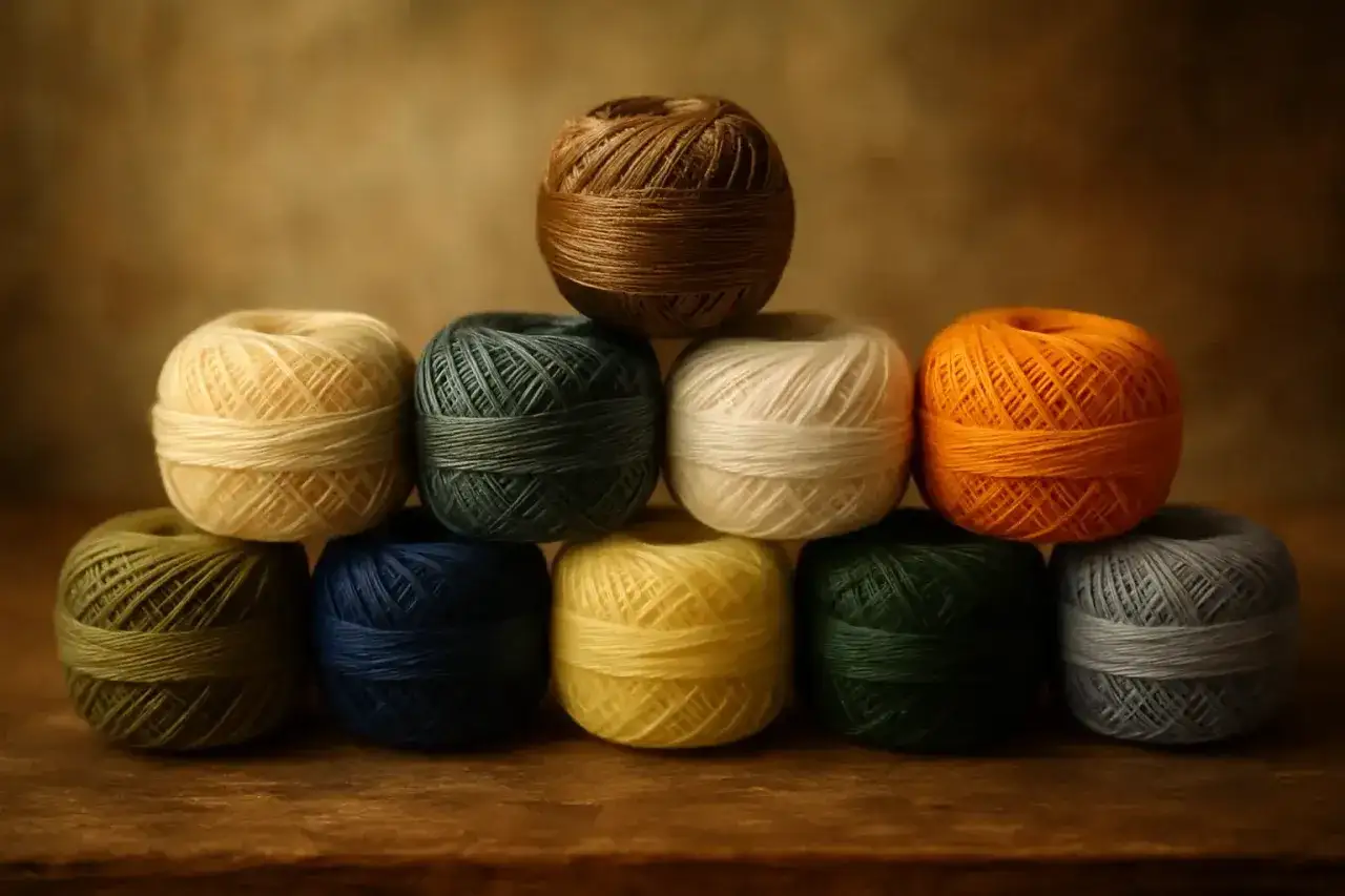 Ovillos de lana merino en tonos tierra, verde, azul, amarillo y gris, apilados en pirámide.