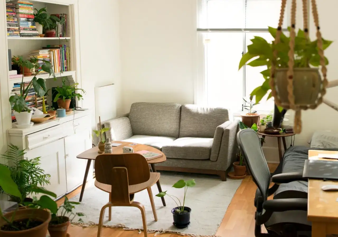 Sala ordenada y luminosa, con plantas y libros organizados al estilo **m&eacute;todo Marie Kondo**.