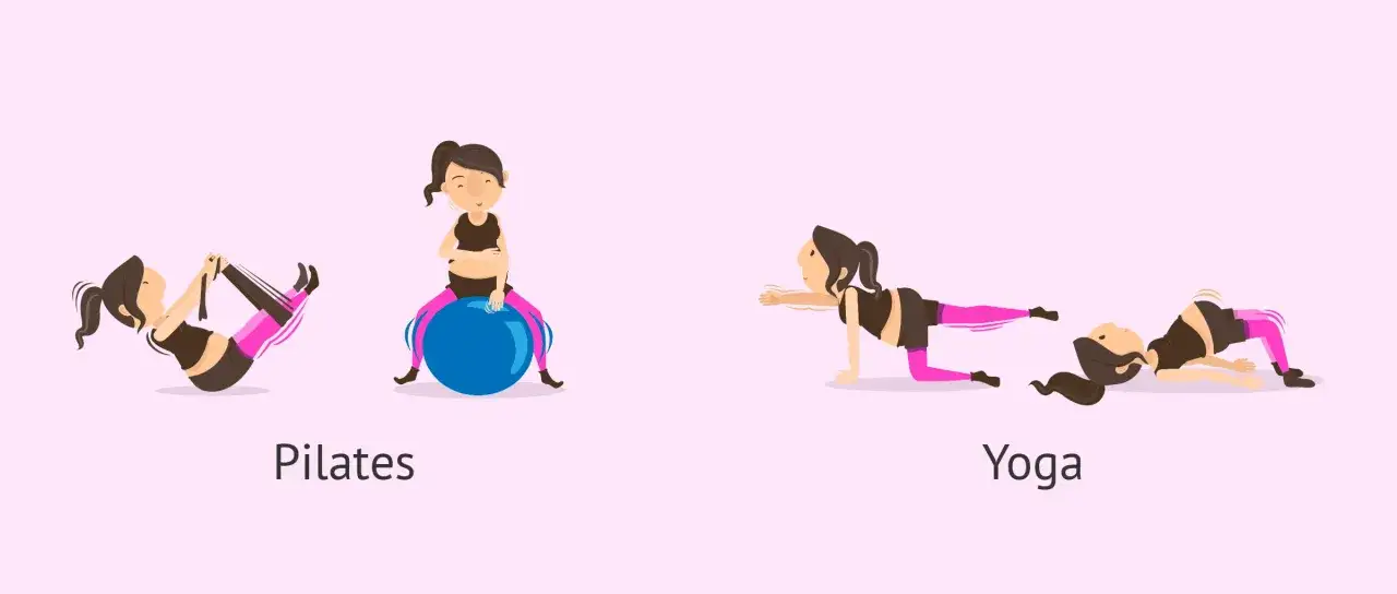Ilustraciones de ejercicio durante el embarazo: pilates con banda y bal&oacute;n, y yoga con posturas de equilibrio y puente.