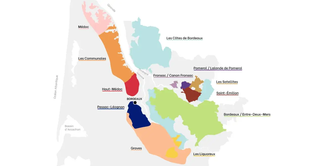 Carte des vignobles bordelais, explorant la route des vins de Bordeaux, du Médoc aux Côtes de Bordeaux.
