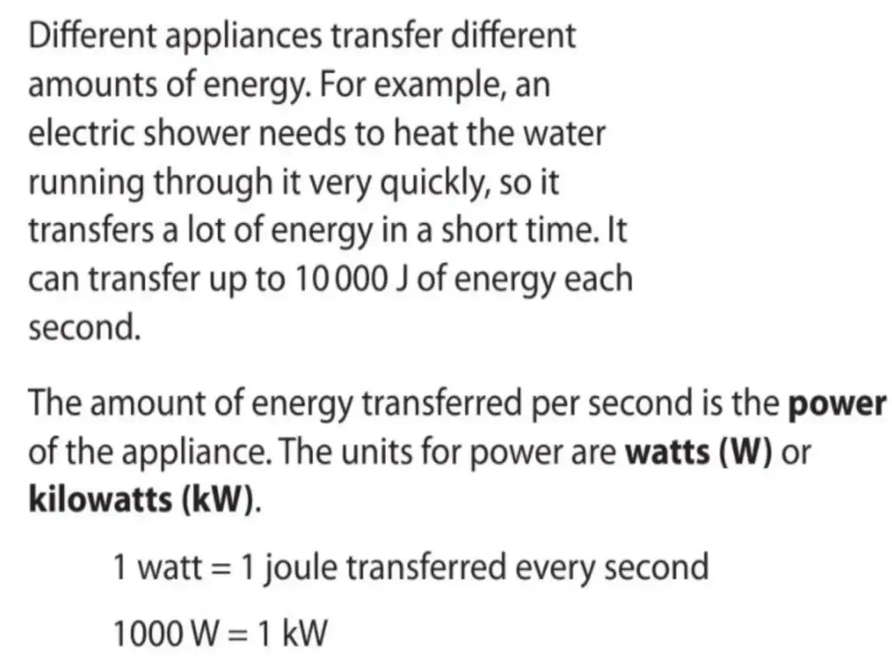 Tekst wyjaśnia, jak różne urządzenia, np. prysznic elektryczny, mają duży pobór mocy, transferując dużo energii na sekundę. Jednostki to waty i kilowaty.