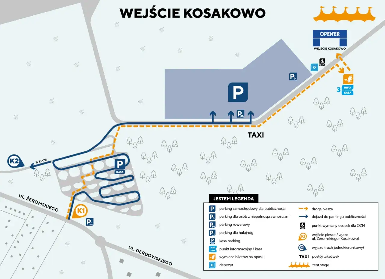 Mapa wejścia Kosakowo. Pokazuje parkingi, kasy, drogi i punkty informacyjne.