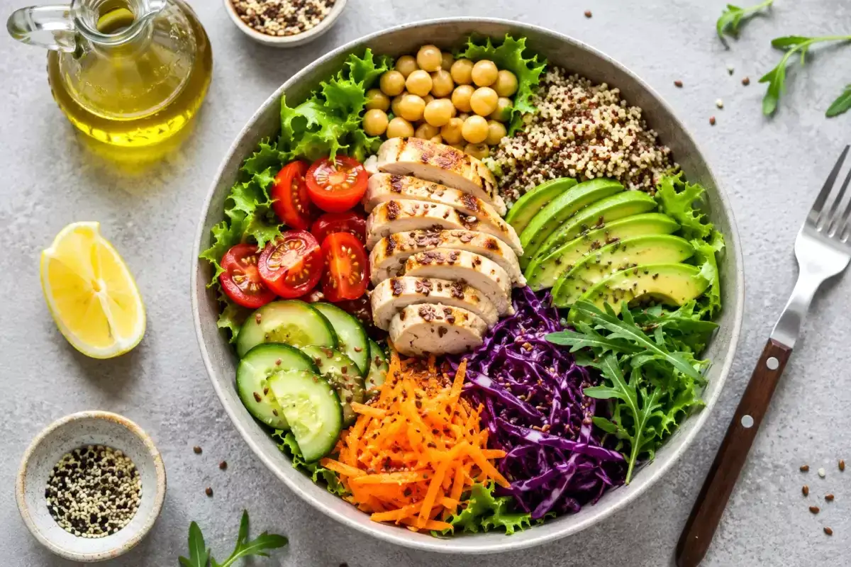 En färgstark sallad med kyckling, avokado, quinoa, grönsaker och en citronklyfta. Ett perfekt sallad recept för en hälsosam måltid.