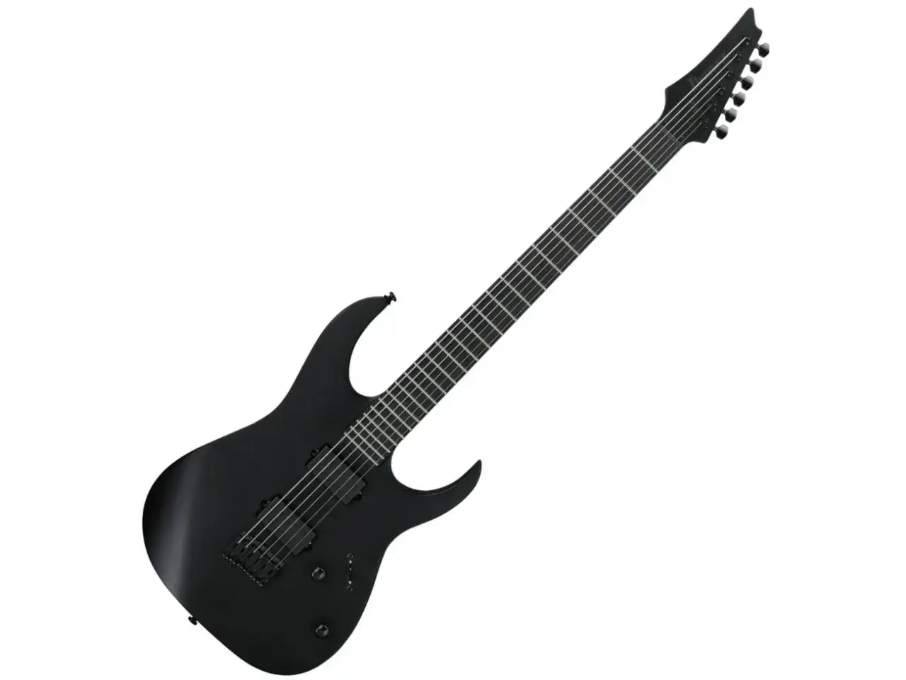 Czarna, matowa gitara elektryczna o długiej szyjce, gotowa do rockowych riffów.