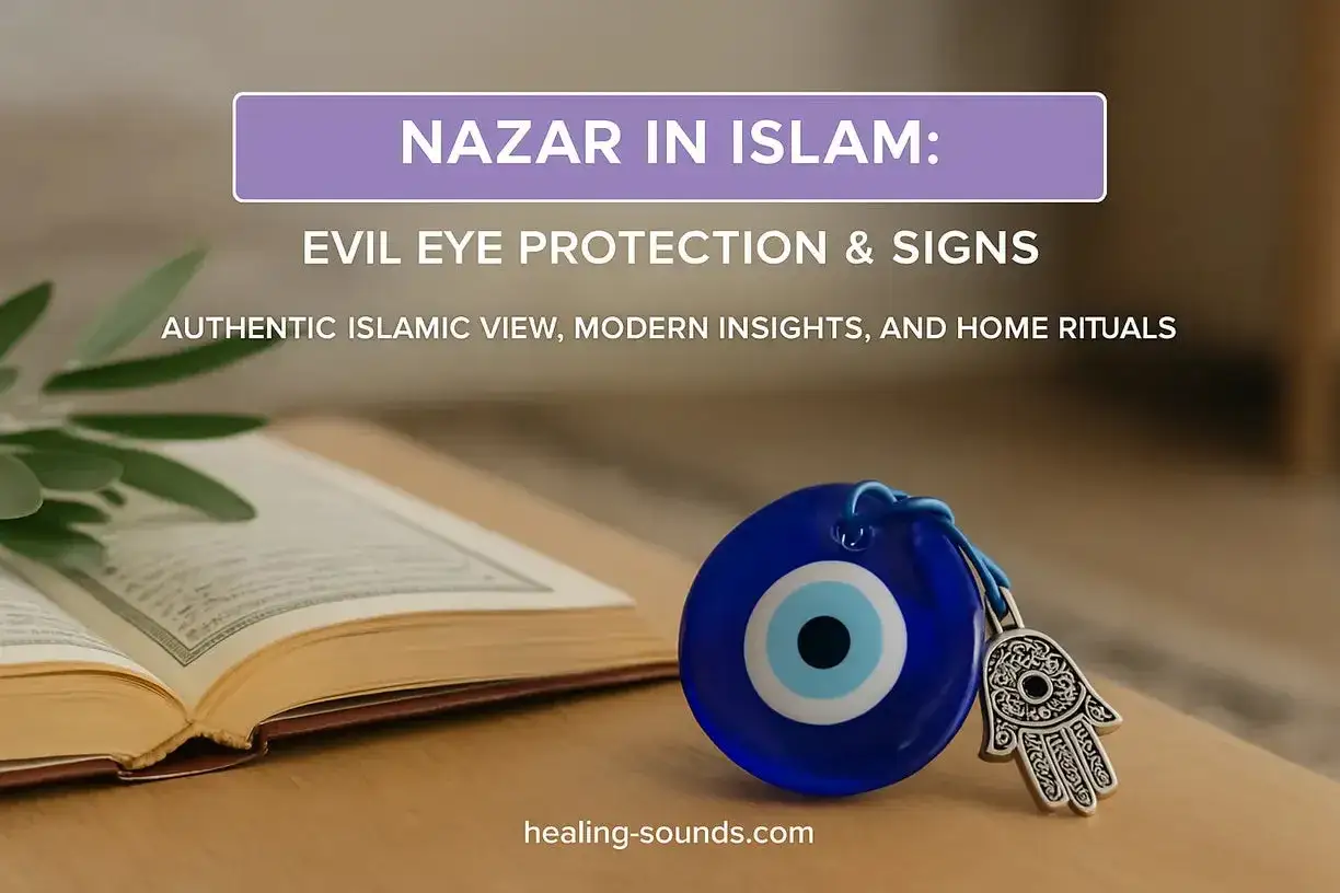 Ein Nazar-Amulett, das b&ouml;se Blicke abwehren soll, liegt neben einem aufgeschlagenen Buch und einem Olivenzweig. Der Text thematisiert das Auge im Islam.
