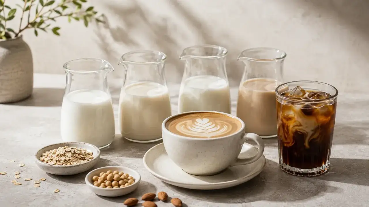 Kawa z mlekiem roślinnym: czy kawa z mlekiem roślinnym jest zdrowa? Na stole różne rodzaje mleka roślinnego, kawa latte i mrożona.