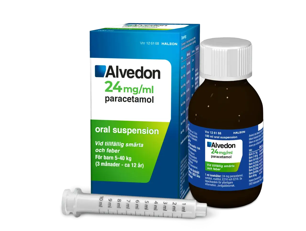 Alvedon 24mg/ml oral suspension f&ouml;r barn. F&ouml;r sm&auml;rta och feber. Inneh&aring;ller paracetamol. Dosering anpassas efter vikt.