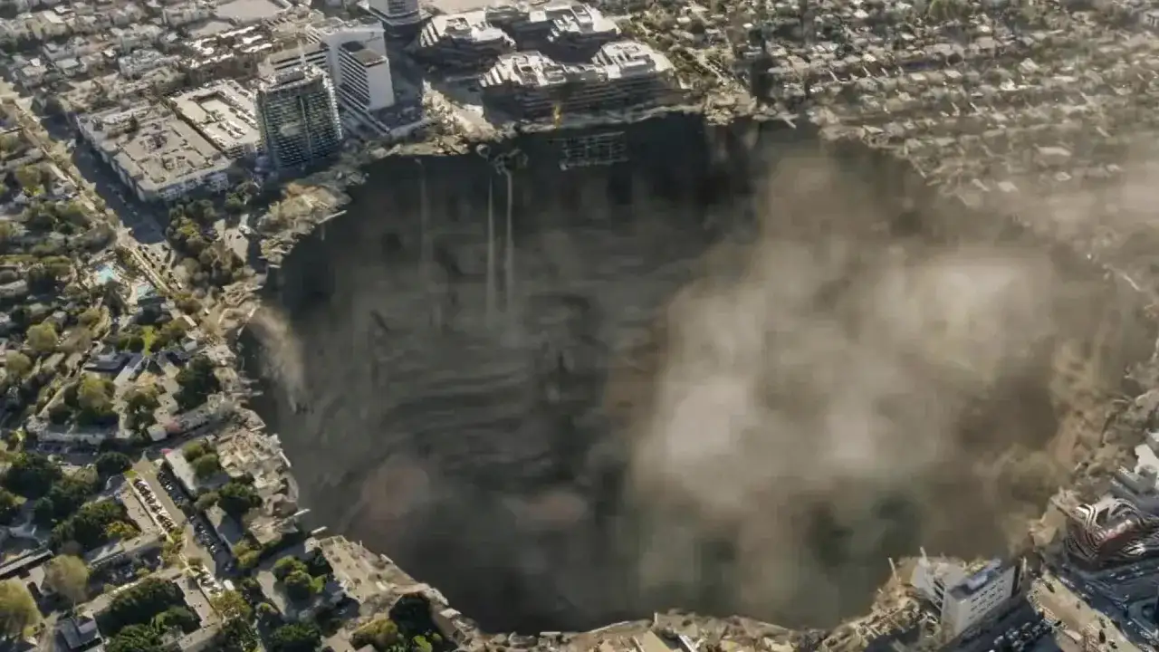 Enormt slukhål, som La Brea Tar Pits, har slukat delar av en stad. Byggnader och vägar syns på kanten av det djupa, dammiga gapet.