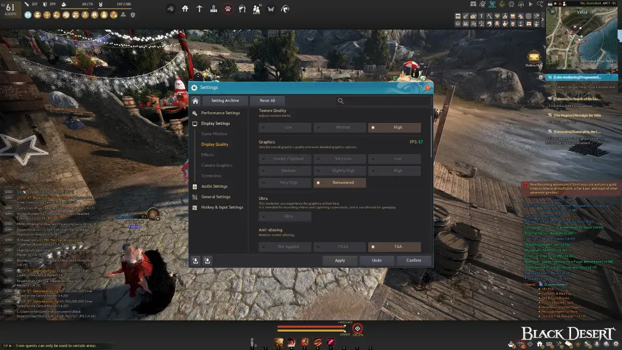 Ustawienia grafiki w grze Black Desert. Aby zwiększyć FPS w grach, obniż jakość tekstur i grafiki, wyłącz antyaliasing.