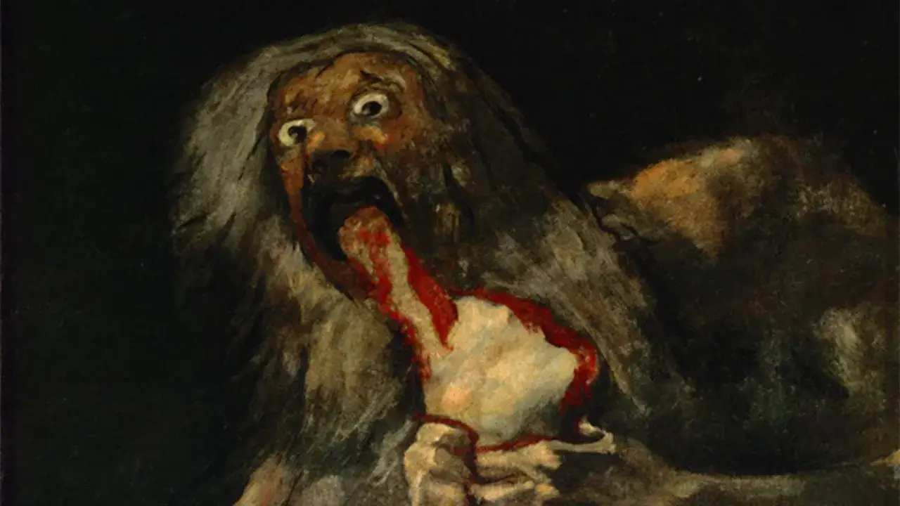 Ein schreckliches Wesen, wie aus Goyas Schwarze Bilder, frisst sich selbst. Die Augen weit aufgerissen, der Mund blutig.