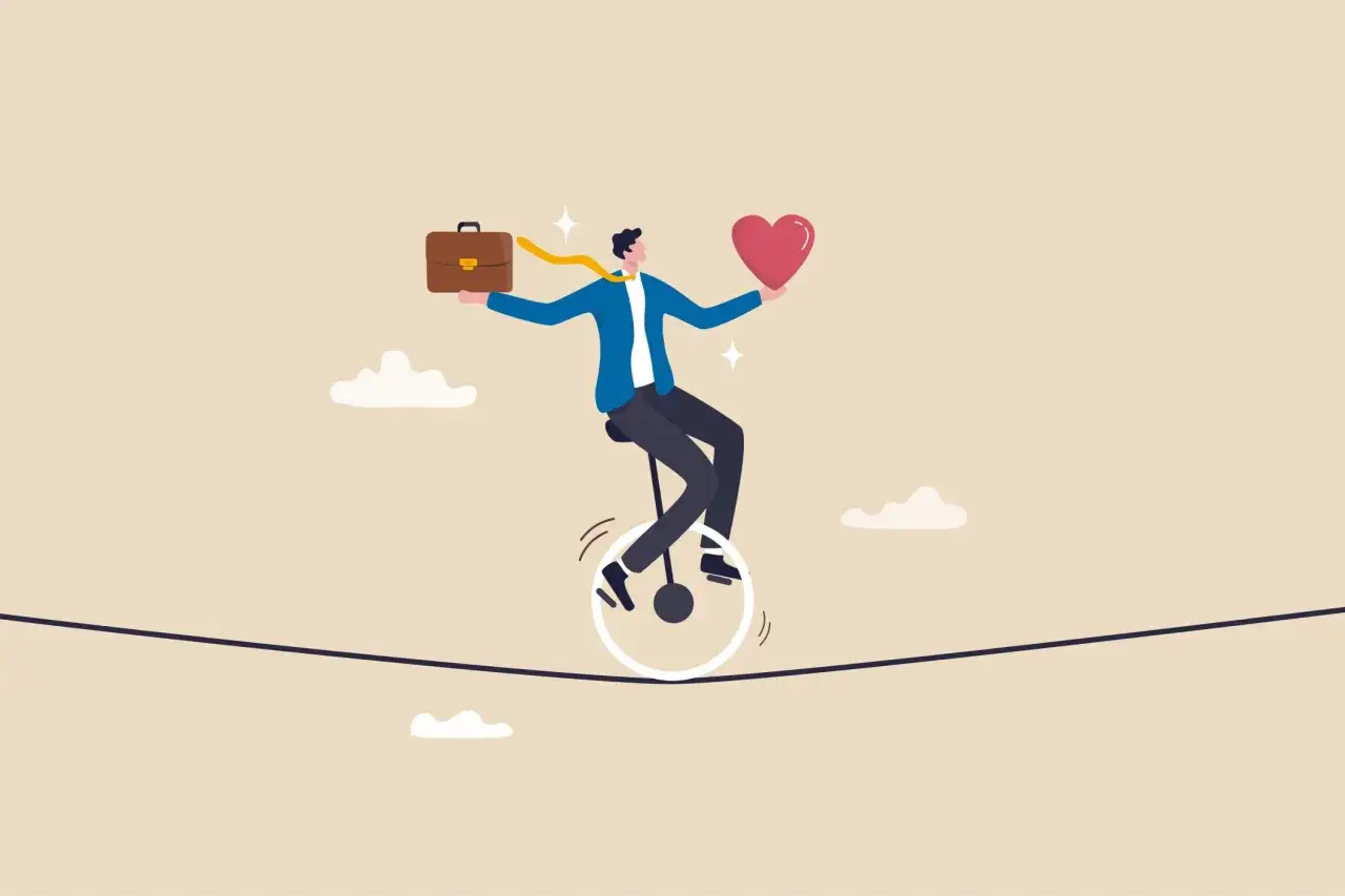 Hombre en monociclo sobre cuerda floja, equilibrando malet&iacute;n y coraz&oacute;n. El &eacute;xito y la felicidad se logran con equilibrio.