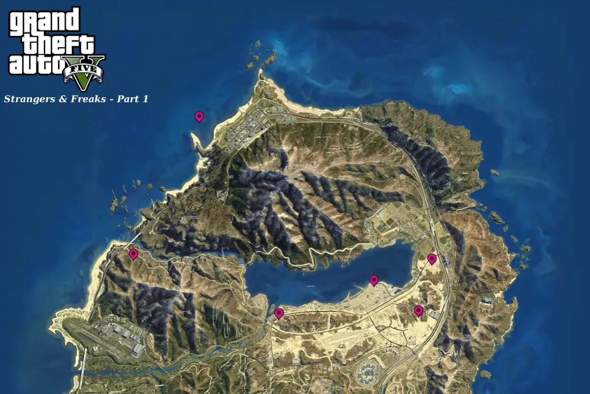 Mapa z zaznaczonymi punktami dla misji GTA 5: Strangers & Freaks - Part 1.
