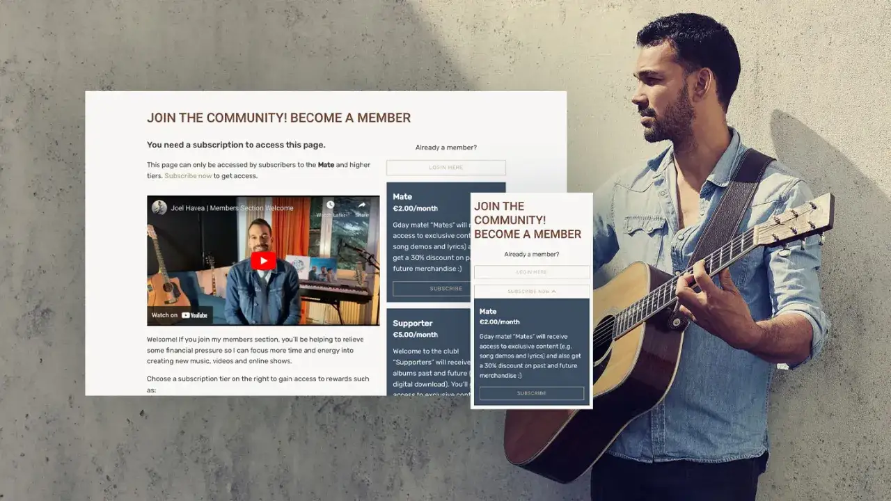 Un musicien joue de la guitare, invitant &agrave; rejoindre sa communaut&eacute; via un financement participatif musique. Des options d'abonnement sont propos&eacute;es.