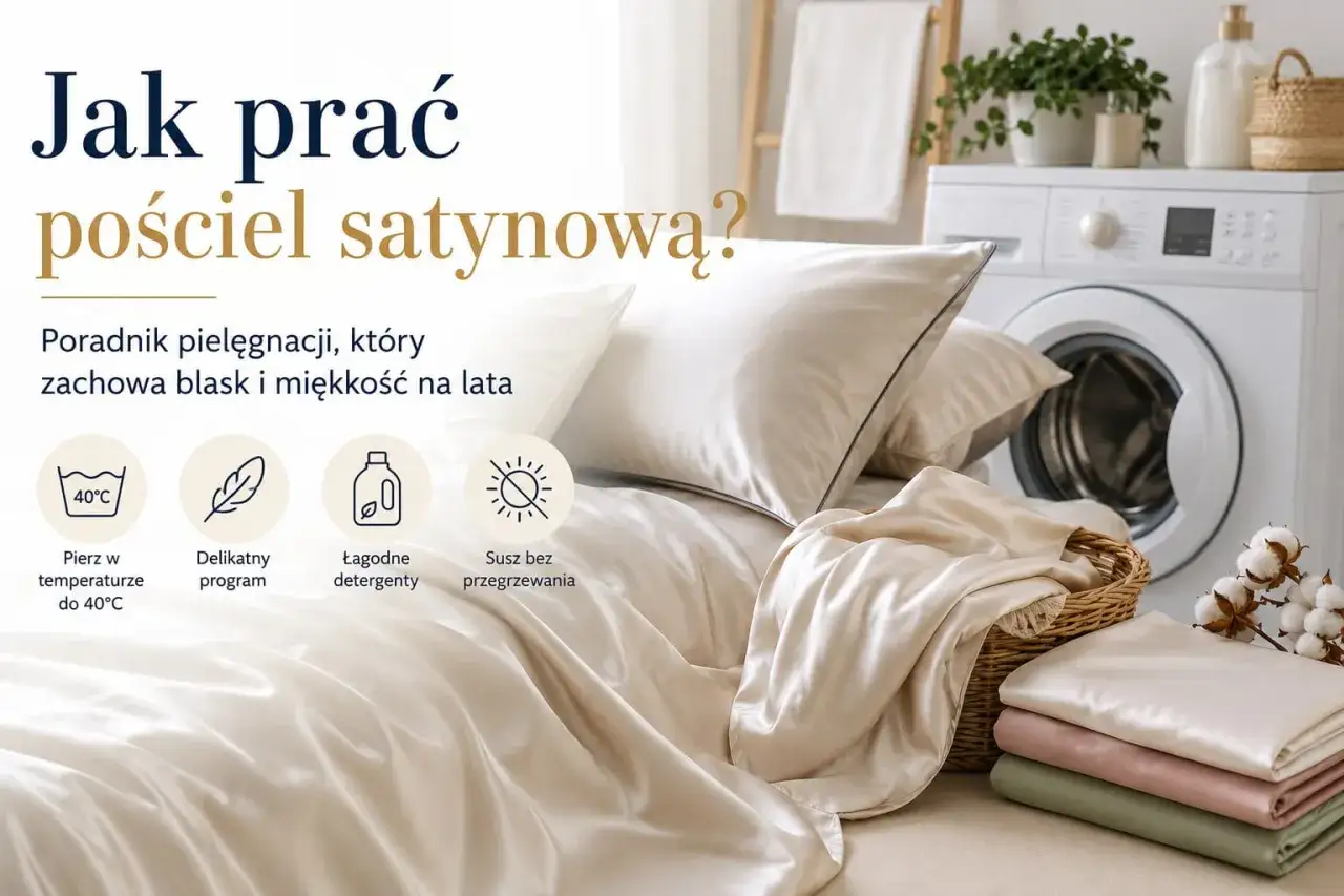 Jak prać pościel satynową? Poradnik pielęgnacji: niska temperatura, delikatny program, łagodne detergenty, suszenie bez przegrzewania.