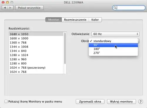 Ustawienia wyświetlaczy macOS obrót
