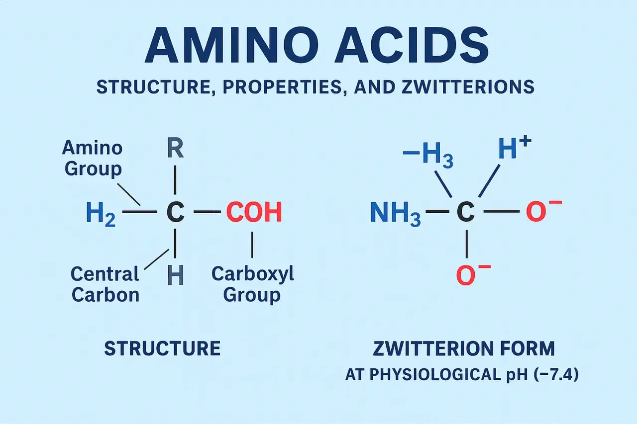 Struktur einer alpha Aminosäure mit Amino-, Carboxyl- und R-Gruppe. Daneben die Zwitterionenform bei physiologischem pH-Wert.