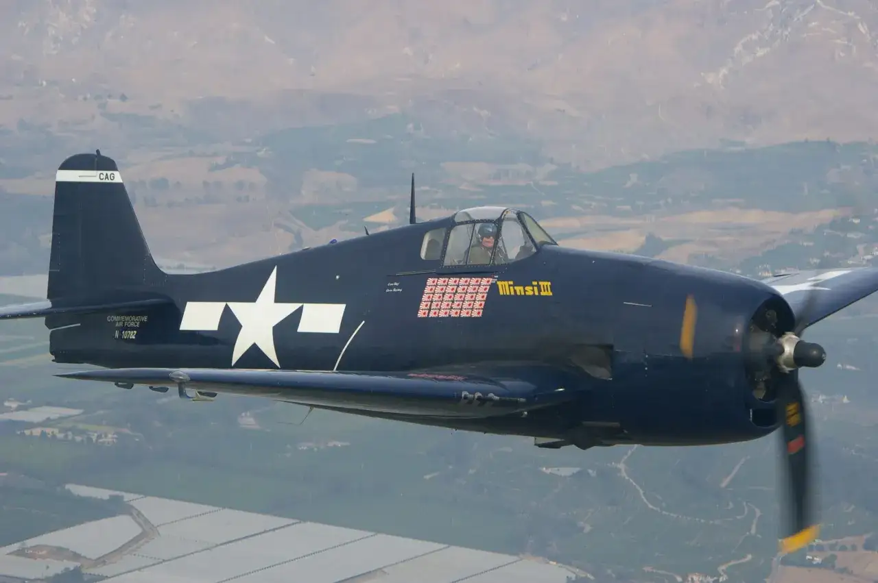 Eine dunkelblaue F6F Hellcat fliegt über eine hügelige Landschaft. Der Pilot ist im Cockpit zu sehen.