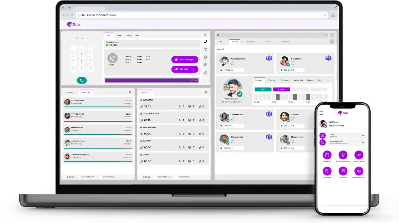 Telia Smart WiFi-appen visar en &ouml;versikt &ouml;ver samtal, k&ouml;er och kontakter p&aring; en dator och mobil.