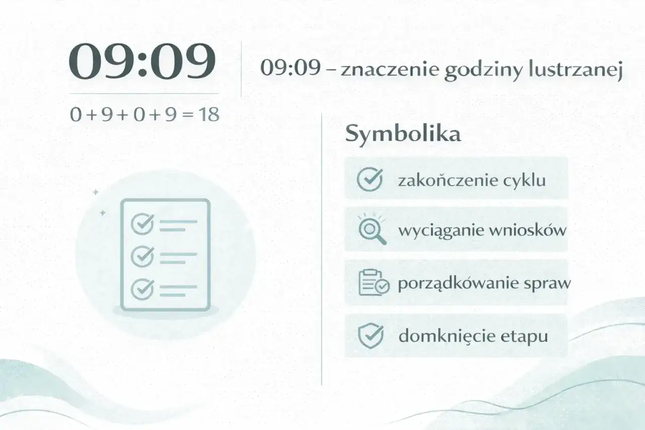 09:09 – znaczenie godziny lustrzanej. Czas na zakończenie cyklu, wyciąganie wniosków i porządkowanie spraw.