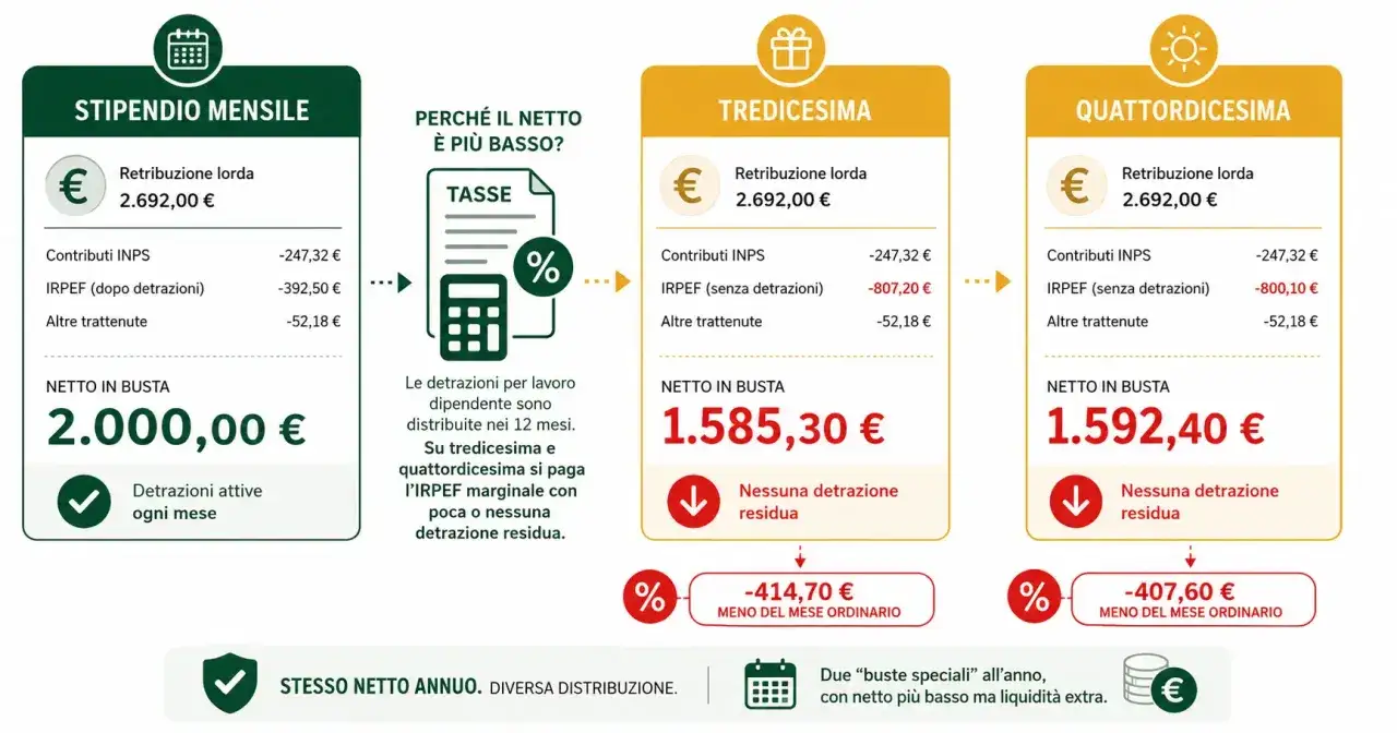 Confronto stipendio: netto mensile 2.000€, tredicesima 1.585€ e quattordicesima 1.592€. Spiegazione delle tasse.
