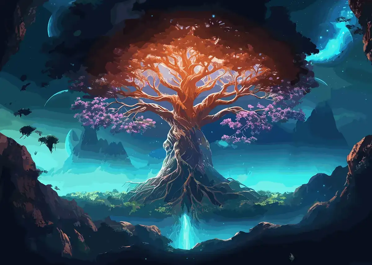 Un maestoso albero con chioma arancione e fiori viola, radici che affondano in una cascata luminosa. La sua spiegazione è un'epopea cosmica.