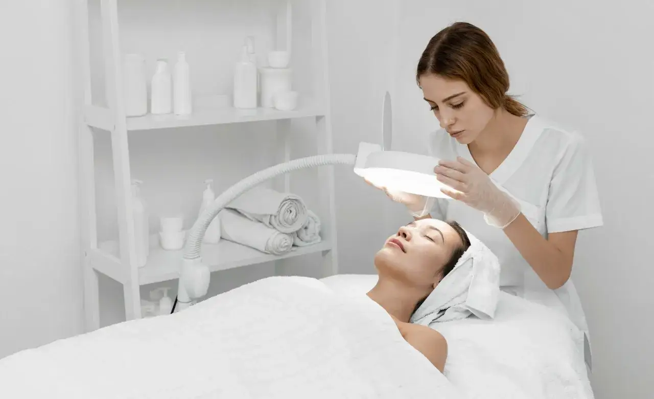 Kosmetolog wykonuje zabiegi dermatologiczne, badając sk&oacute;rę pacjentki pod lampą.
