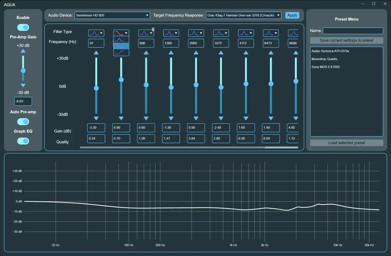 Equalizer-Software für Windows 10 mit Frequenzbändern, Gain-Reglern und einer Frequenzgangkurve.