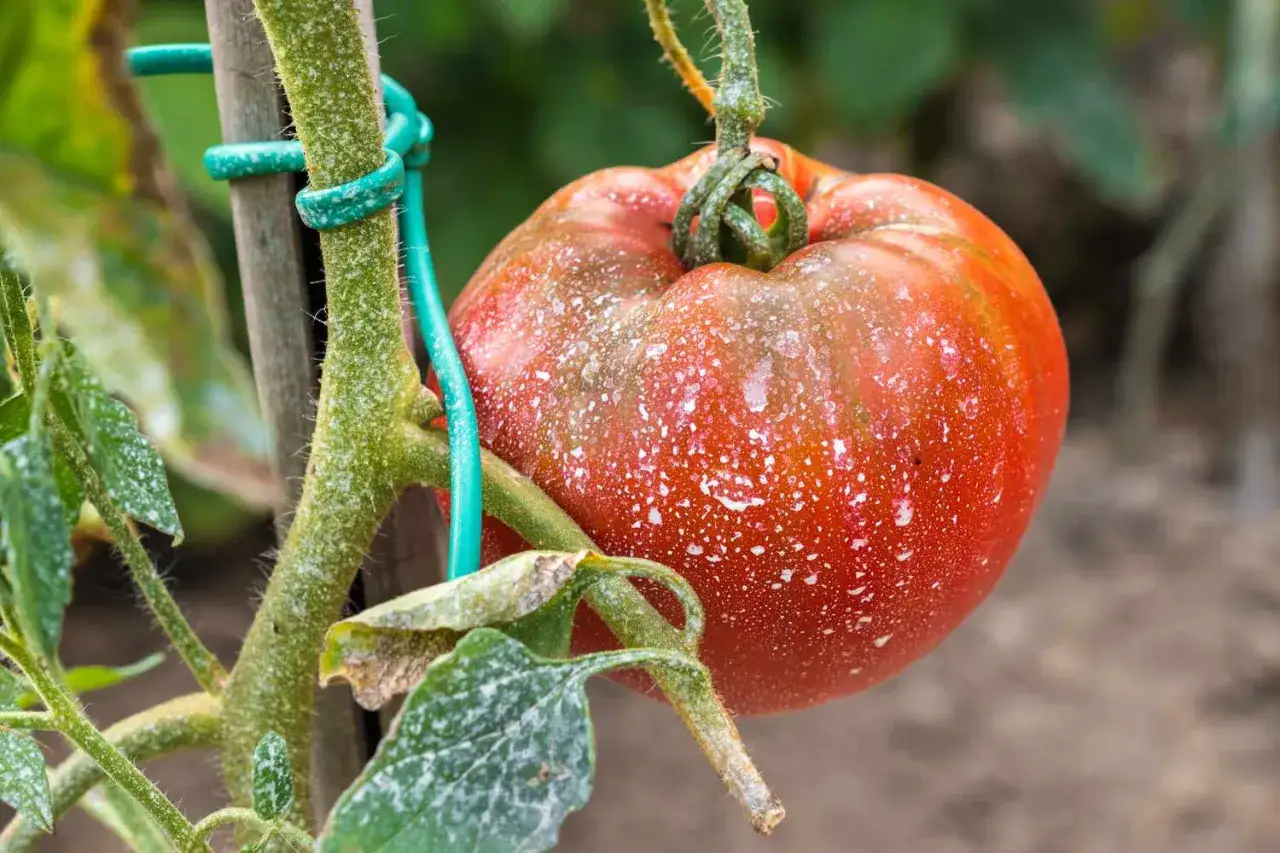 En tomatplanta med ohyra på bladen och frukten. Den röda tomaten är täckt av vita prickar, troligen mjöldagg.