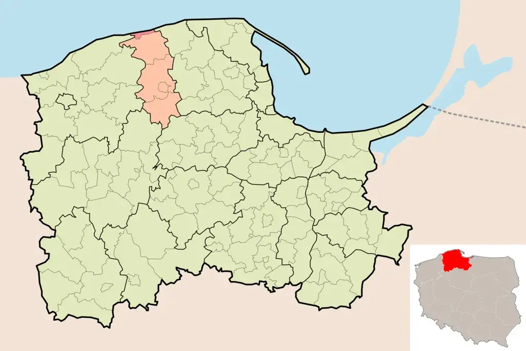 Mapa Polski z zaznaczoną Łebą i regionem pomorskim